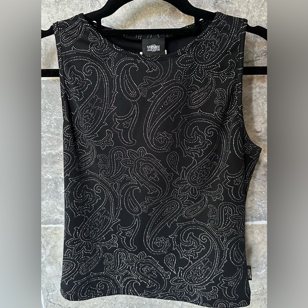 VERSACE Vintage 90s Small Black Sleeveless Top Silver Paisley